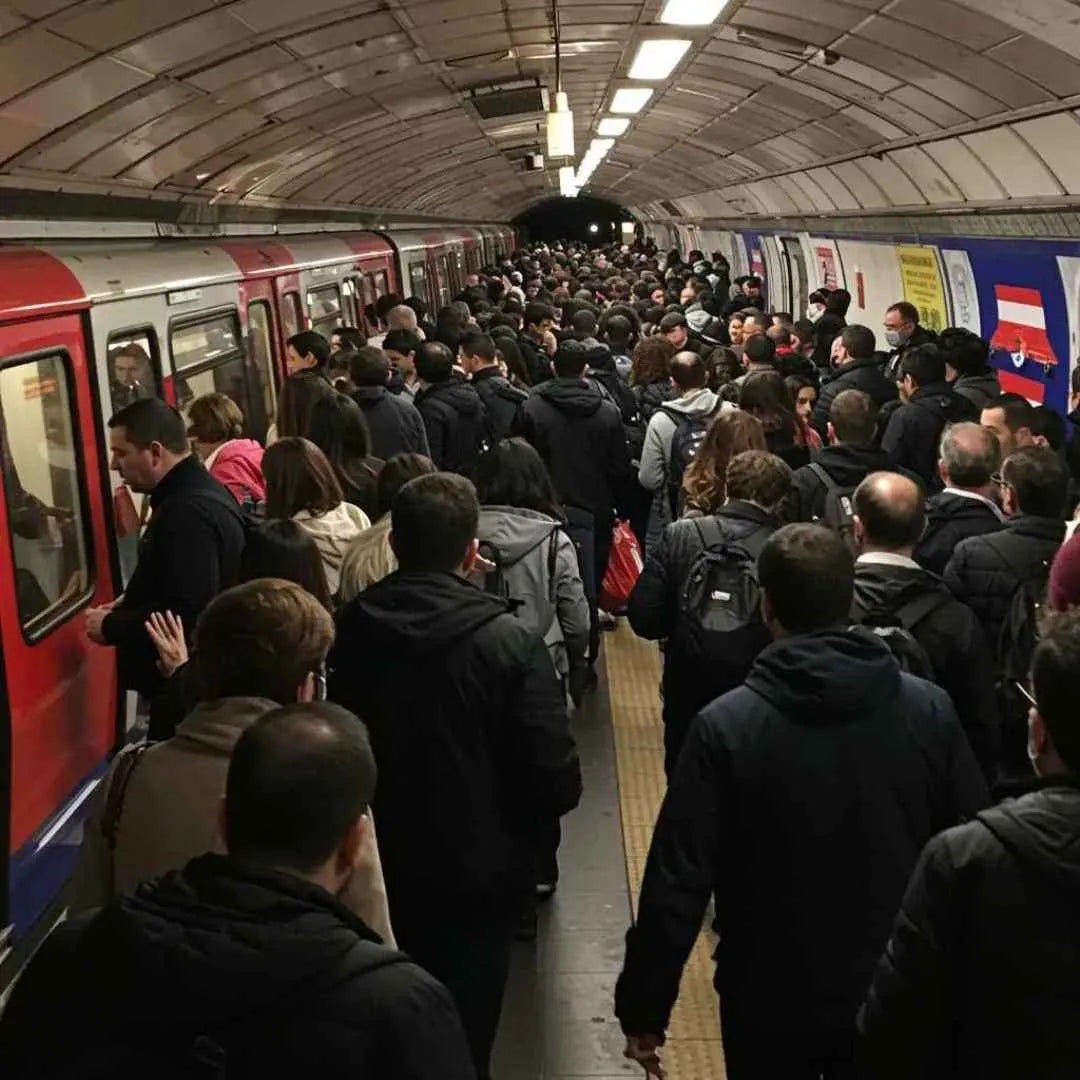 A packed underground platform at rush hour