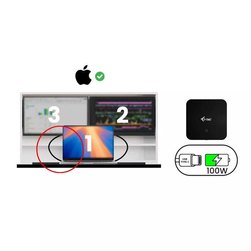 Diagram of a Mac laptop and two monitors connected through the compact dock plus one extra cable.