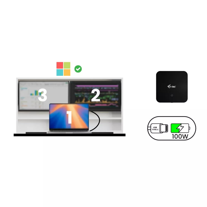 Diagram of a Windows laptop and two monitors connected through the compact dock with one cable.