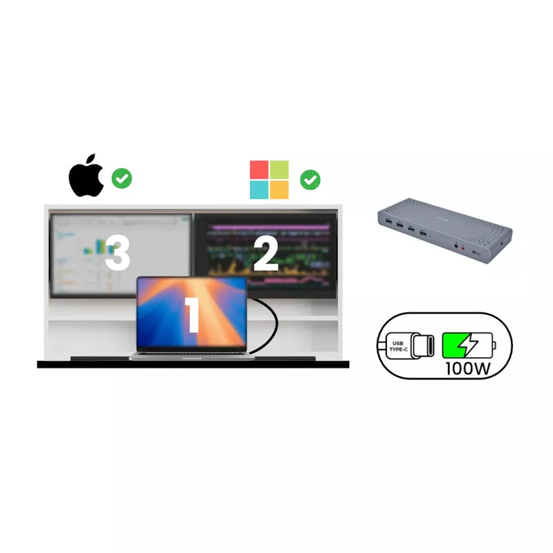 Diagram of a laptop and two monitors connected through the dock with one cable.