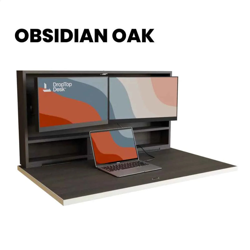 DropTop Duo 24 desk open, in the Obsidian Oak finish.
