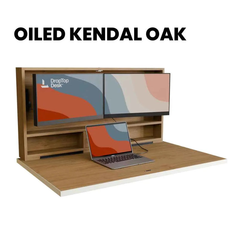DropTop Duo 24 desk open, in the Oiled Kendal Oak finish.