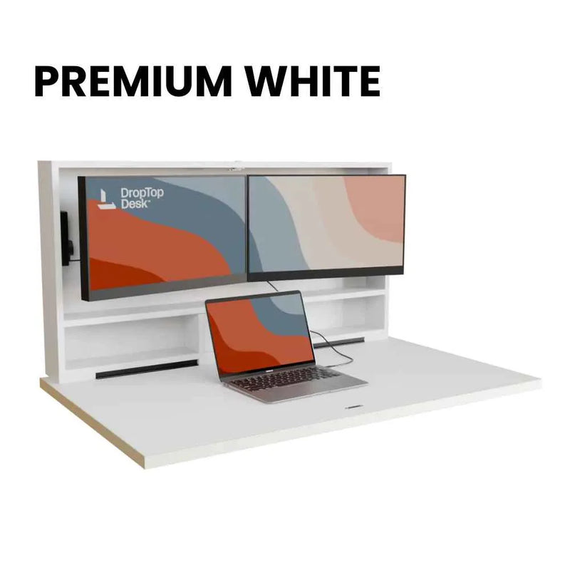 DropTop Duo 24 desk open, in the Premium White finish.