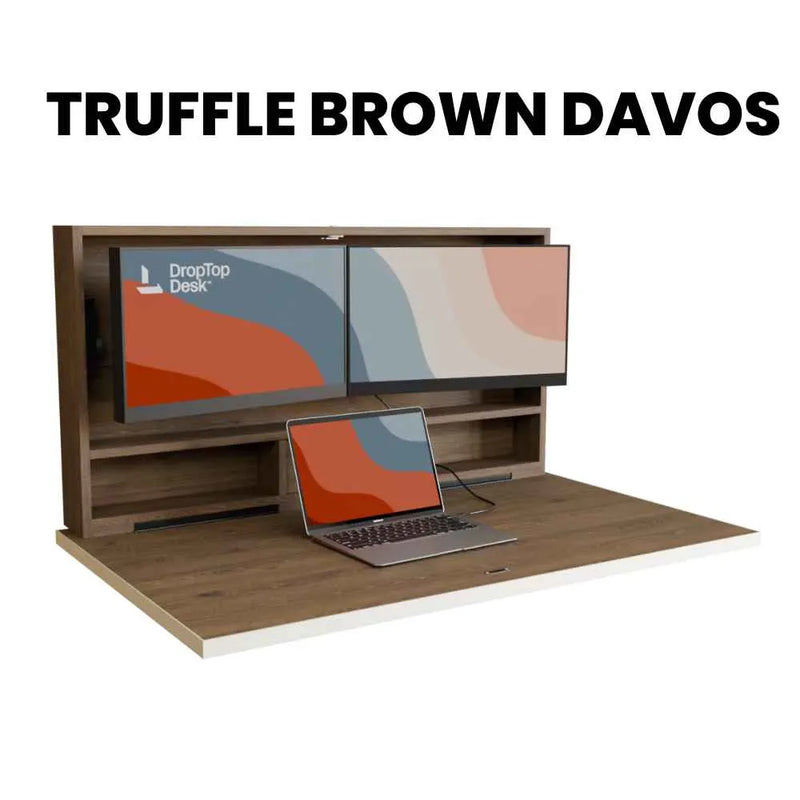 DropTop Duo 24 desk open, in the Truffle Brown Davos finish.