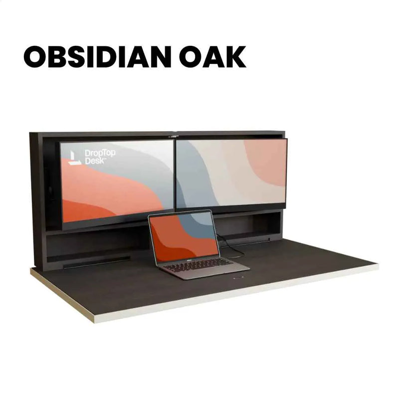 DropTop Duo 27 desk open, in the Obsidian Oak finish.