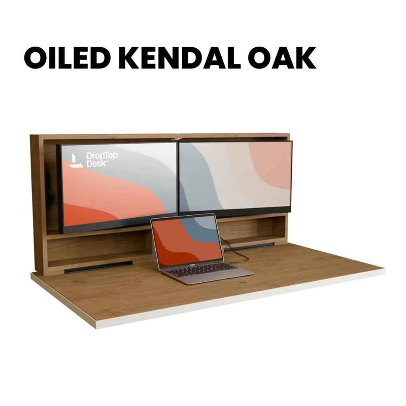 DropTop Duo 27 desk open, in the Oiled Kendal Oak finish.