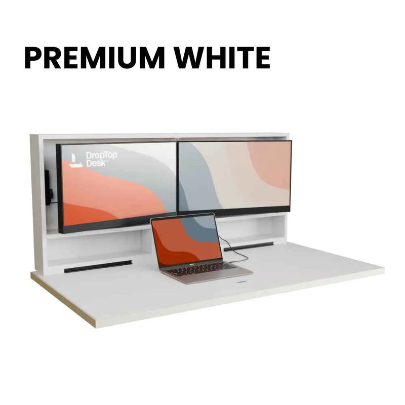 DropTop Duo 27 desk open, in the Premium White finish.