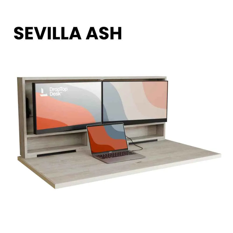DropTop Duo 27 desk open, in the Sevilla Ash finish.