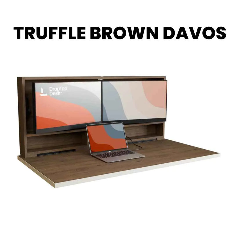 DropTop Duo 27 desk open, in the Truffle Brown Davos finish.