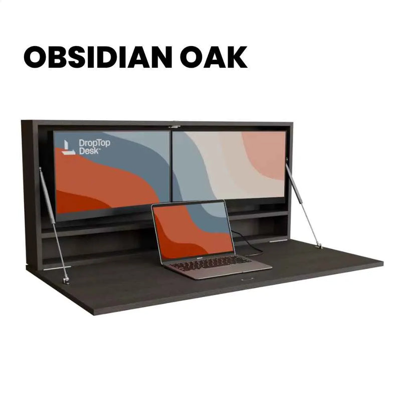DropTop Duo 24 Light desk open, in the Obsidian Oak finish.