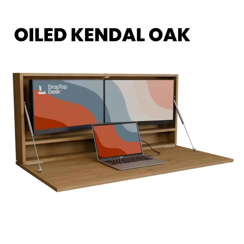DropTop Duo 24 Light desk open, in the Oiled Kendal Oak finish.