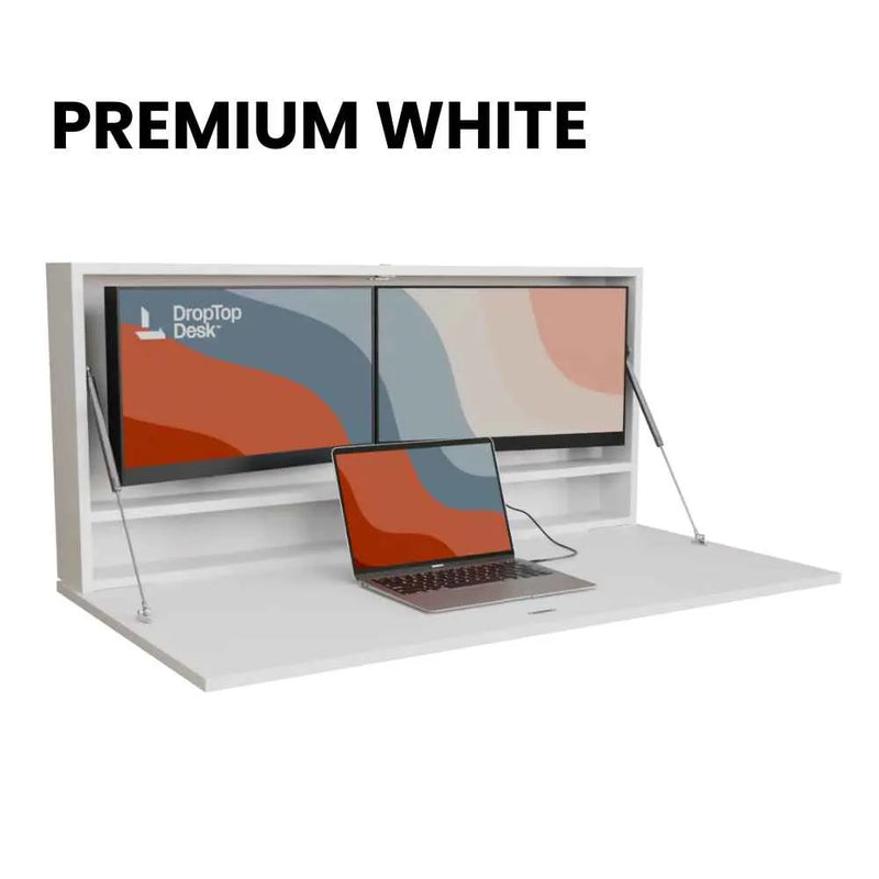 DropTop Duo 24 Light desk open, in the Premium White finish.