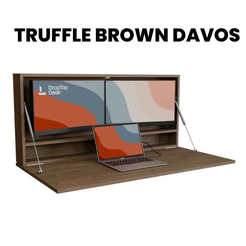 DropTop Duo 24 Light desk open, in the Truffle Brown Davos finish.