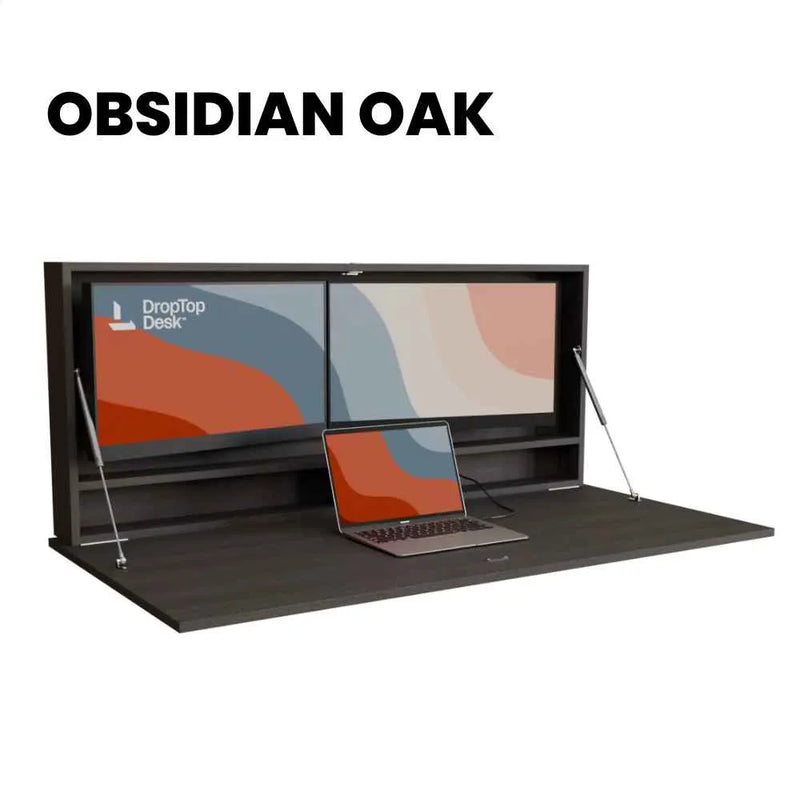 DropTop Duo 27 Light desk open, in the Obsidian Oak finish.