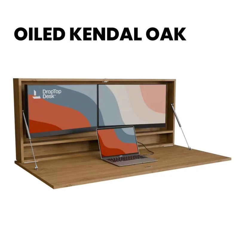 DropTop Duo 27 Light desk open, in the Oiled Kendal Oak finish.