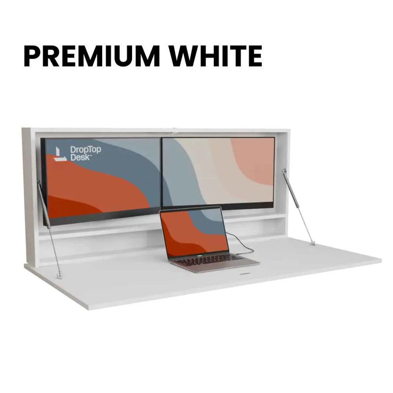 DropTop Duo 27 Light desk open, in the Premium White finish.