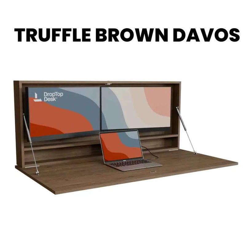 DropTop Duo 27 Light desk open, in the Truffle Brown Davos finish.