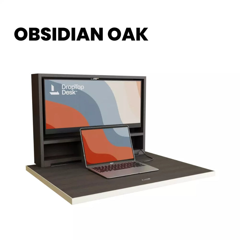 DropTop Single 29 desk open, in the Obsidian Oak finish.