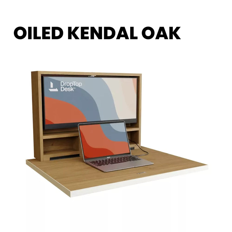 DropTop Single 29 desk open, in the Oiled Kendal Oak finish.