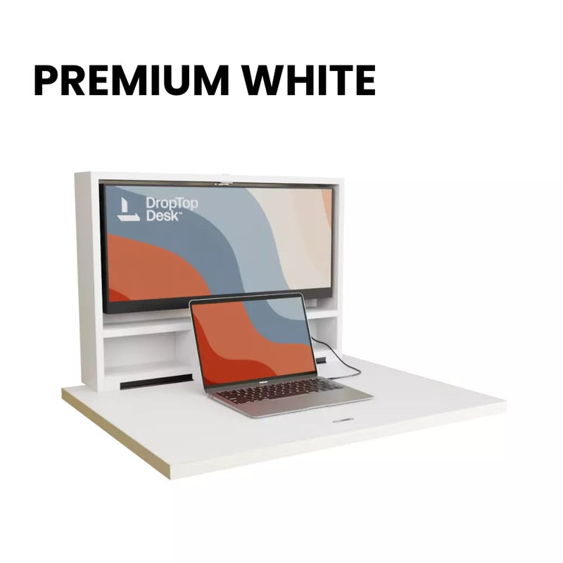 DropTop Single 29 desk open, in the Premium White finish.