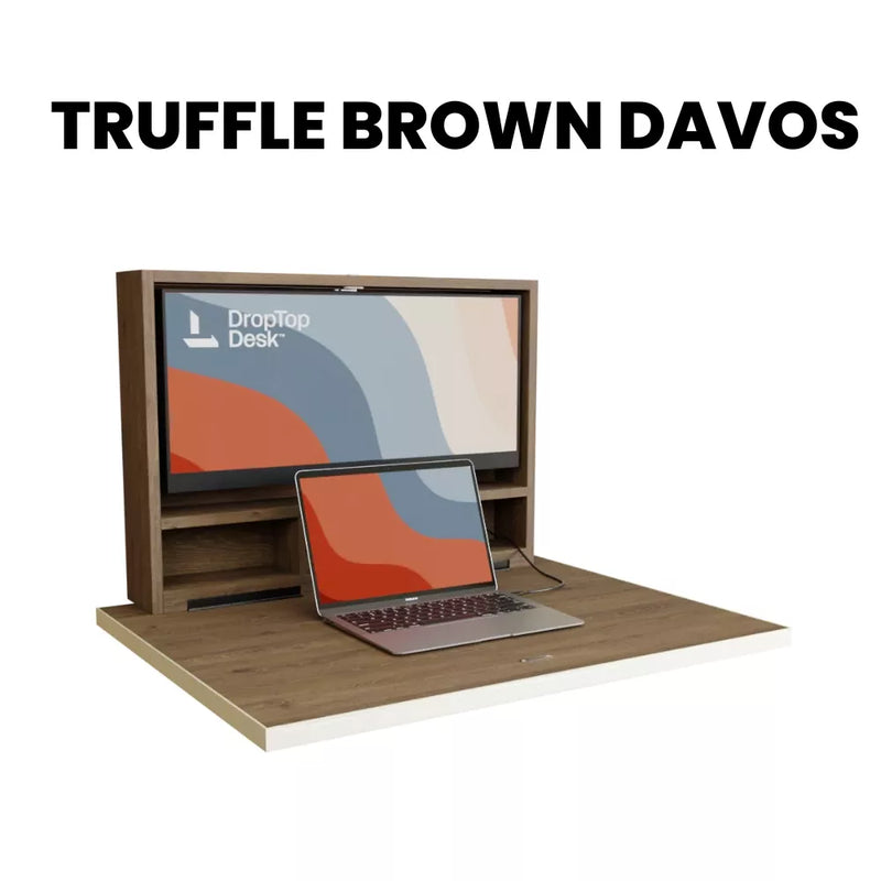 DropTop Single 29 desk open, in the Truffle Brown Davos finish.