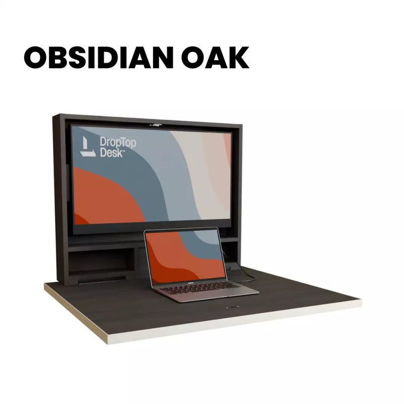 DropTop Single 32 desk open, in the Obsidian Oak finish.