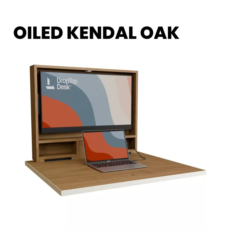 DropTop Single 32 desk open, in the Oiled Kendal Oak finish.