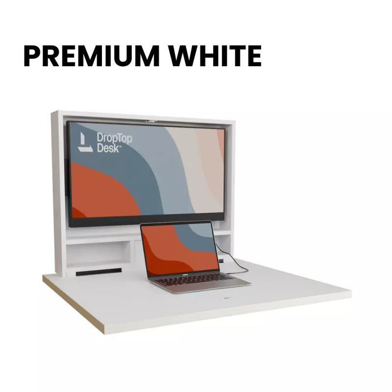 DropTop Single 32 desk open, in the Premium White finish.