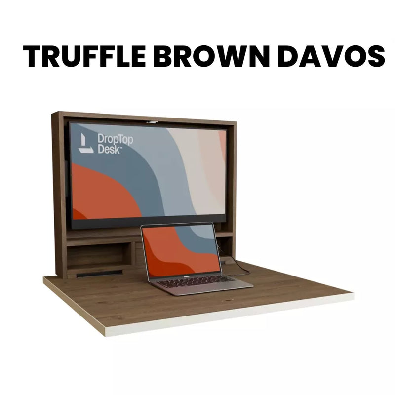 DropTop Single 32 desk open, in the Truffle Brown Davos finish.