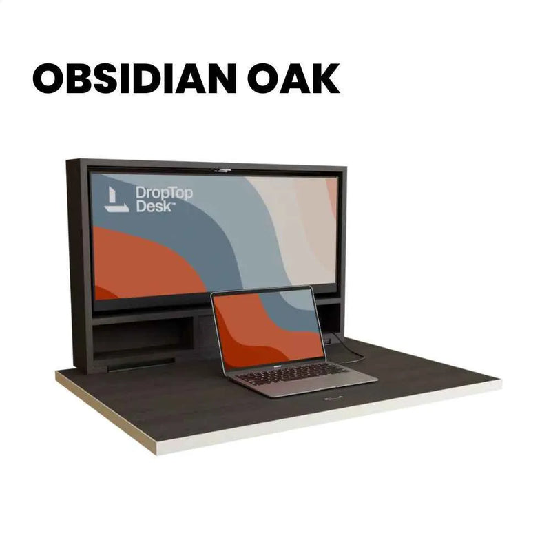 DropTop Single 34 desk open, in the Obsidian Oak finish.