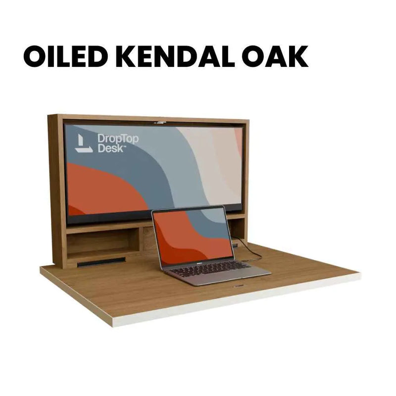 DropTop Single 34 desk open, in the Oiled Kendal Oak finish.