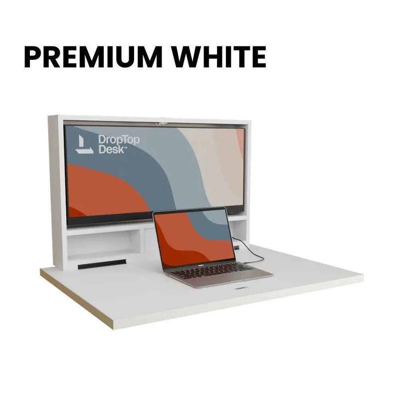 DropTop Single 34 desk open, in the Premium White finish.