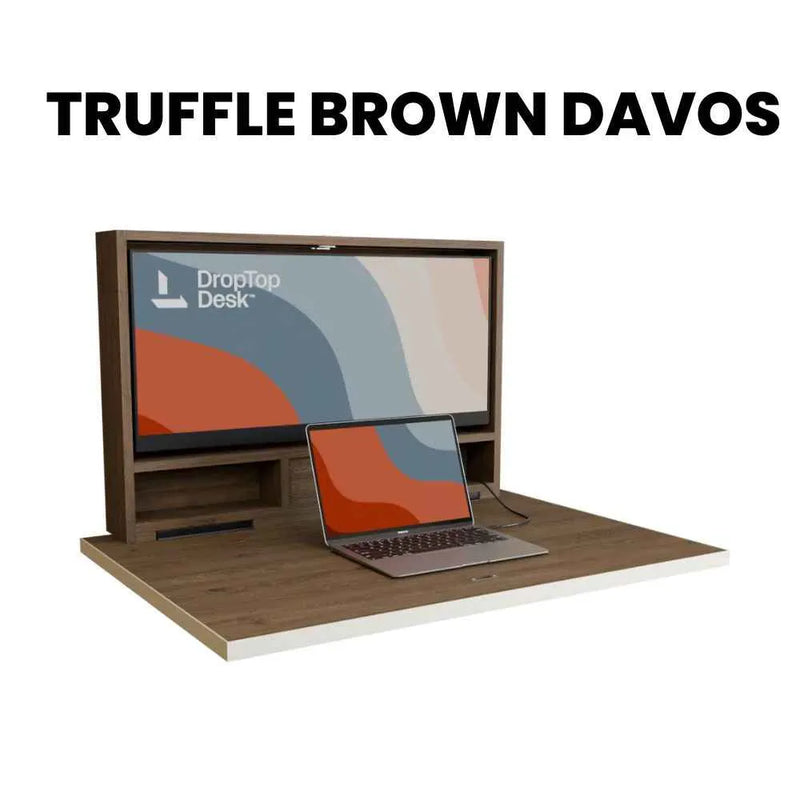 DropTop Single 34 desk open, in the Truffle Brown Davos finish.