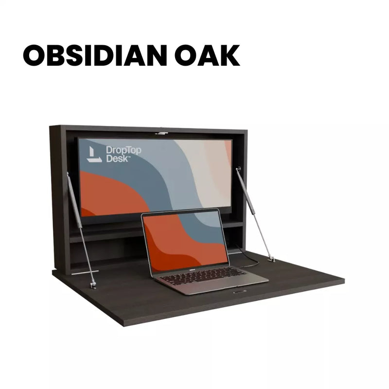 DropTop Single 29 Light desk open, in the Obsidian Oak finish.