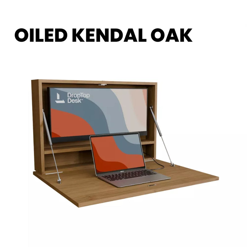 DropTop Single 29 Light desk open, in the Oiled Kendal Oak finish.
