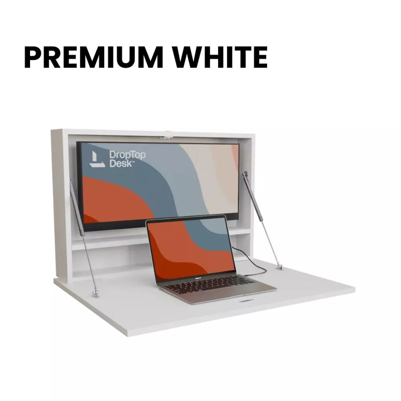 DropTop Single 29 Light desk open, in the Premium White finish.