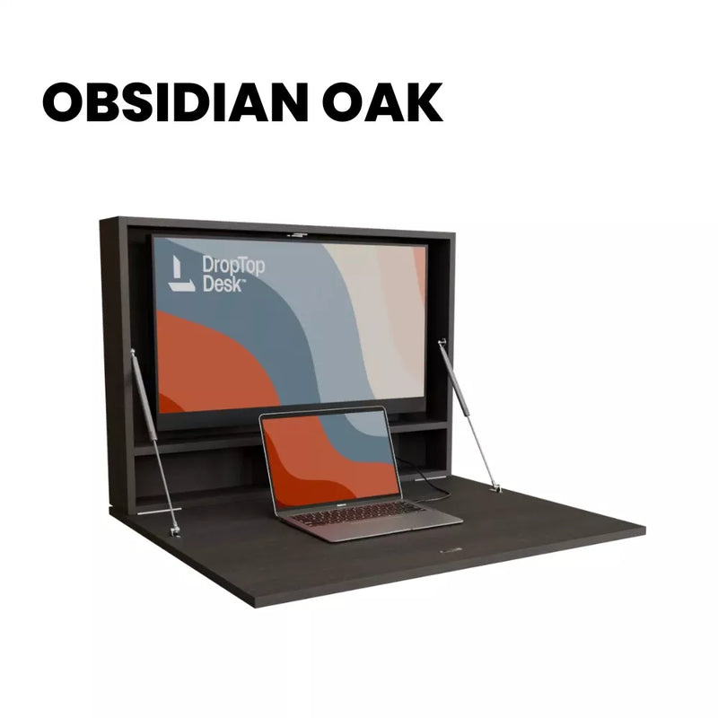 DropTop Single 32 Light desk open, in the Obsidian Oak finish.