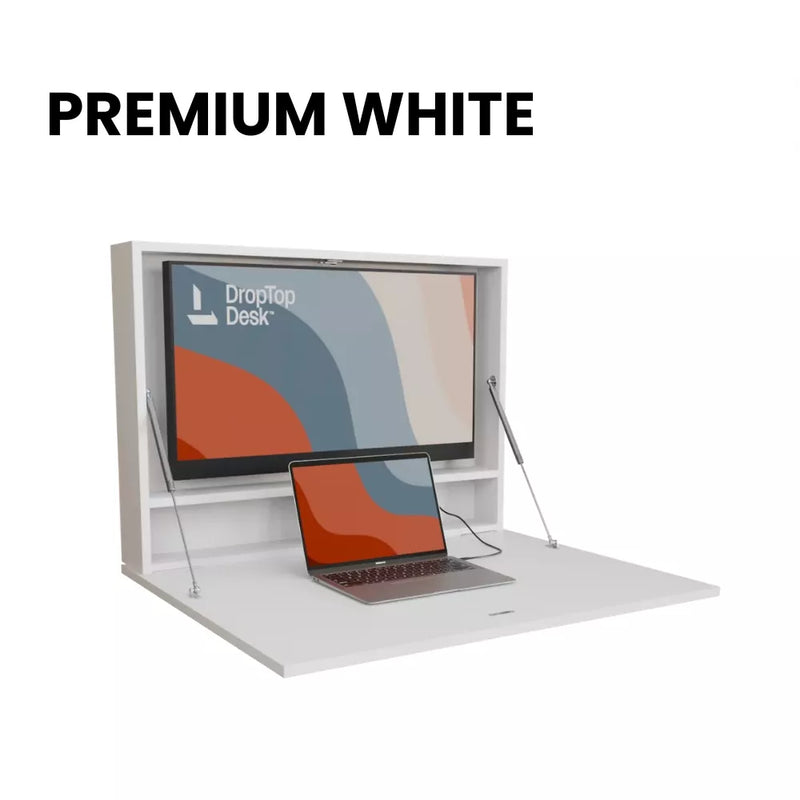 DropTop Single 32 Light desk open, in the Premium White finish.