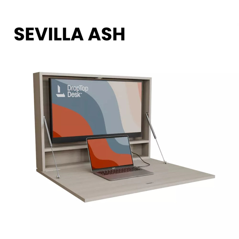 DropTop Single 32 Light desk open, in the Sevilla Ash finish.