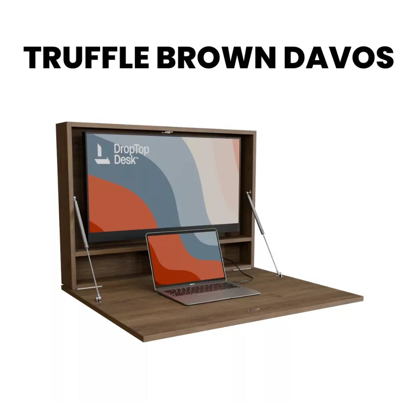 DropTop Single 32 Light desk open, in the Truffle Brown Davos finish.