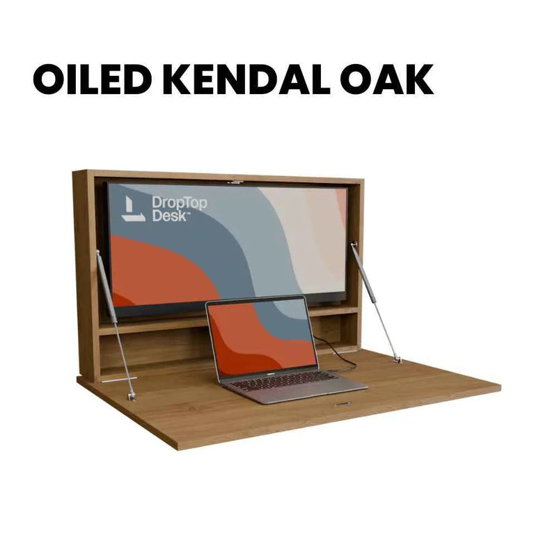 DropTop Single 34 Light desk open, in the Oiled Kendal Oak finish.