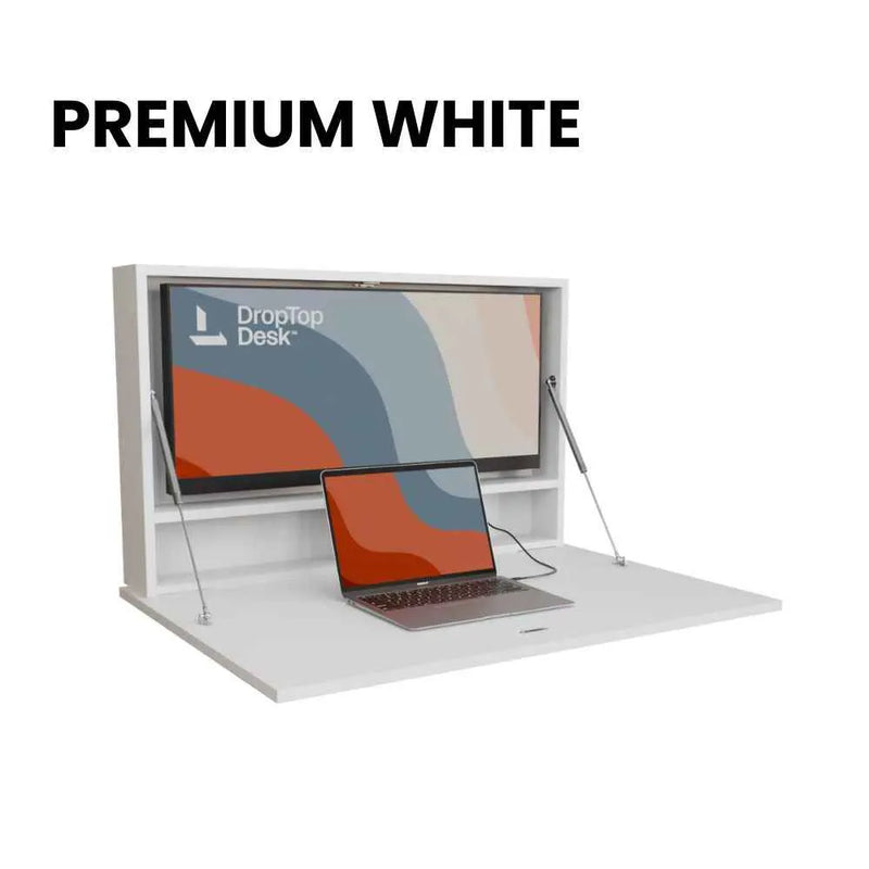 DropTop Single 34 Light desk open, in the Premium White finish.