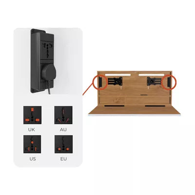 The desk's built-in plug sockets, which take UK, AU, US and EU plugs.