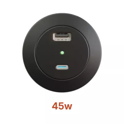 Round front power socket with USB-A and USB-C, 45W.