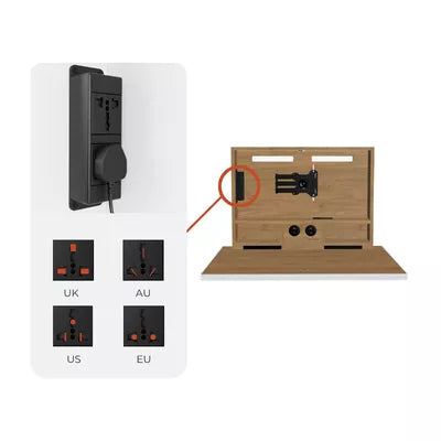 The desk's built-in plug sockets, which take UK, AU, US and EU plugs.