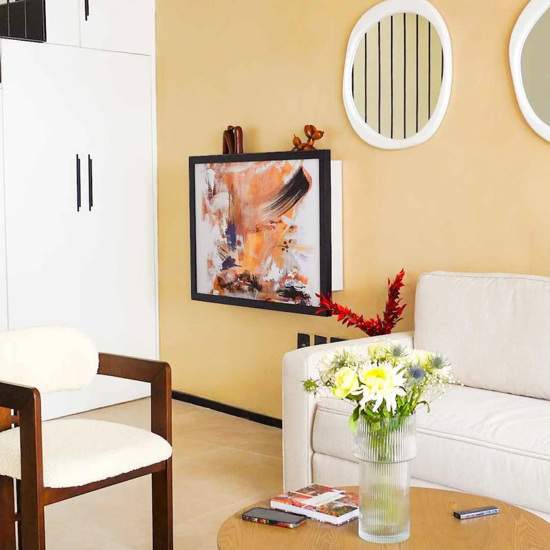 Closed DropTop desk fitted with an orange abstract print in place of its front panel.