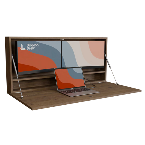 DropTop Duo 24 Light wall-mounted fold-down desk, open, in Truffle Brown Davos.