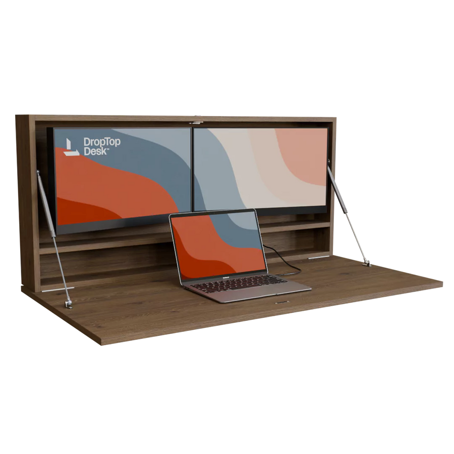 DropTop Duo 24 Light wall-mounted fold-down desk, open, in Truffle Brown Davos.