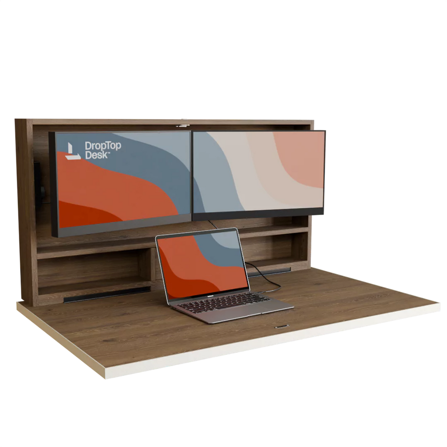 DropTop Duo 24 wall-mounted fold-down desk, open, in Truffle Brown Davos.