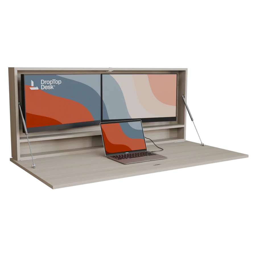 DropTop Duo 27 Light wall-mounted fold-down desk, open, in Sevilla Ash.